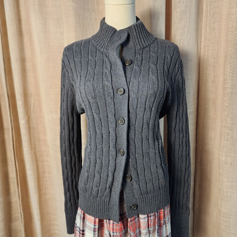 American Living Women Large Gray 100% Cotton Cable Knit Button Front Cardigan